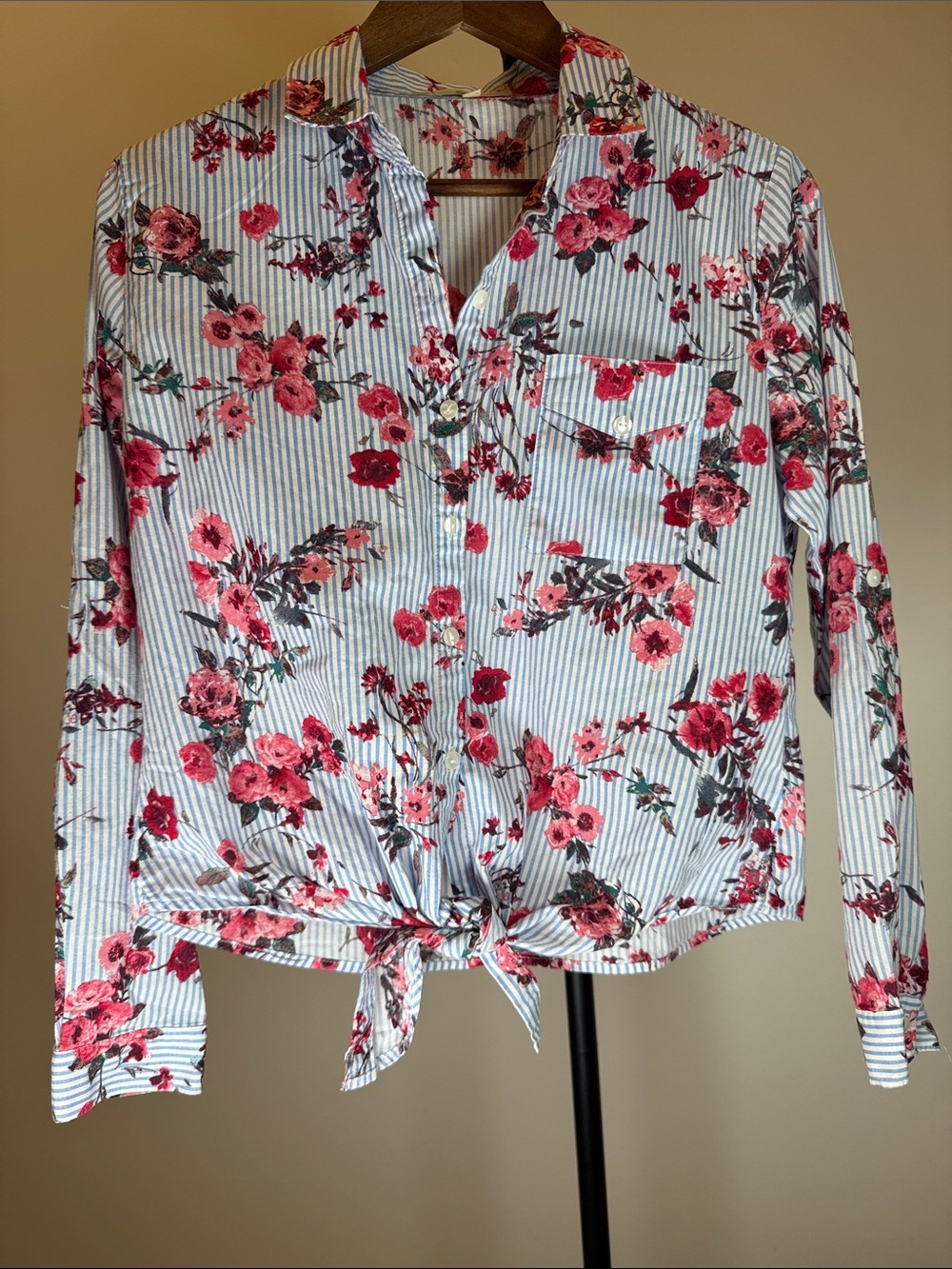 Love Notes Striped Floral Tie-Front Blouse | Size M